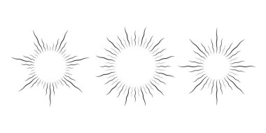 Retro kıvrımlı güneş patlaması çerçeve takımı. Çarpık radyal güneş ışınları paketi. Logo, etiket, rozet ve afişler için klasik dalgalı güneş ışınları tasarım elementleri. Vektör illüstrasyon koleksiyonu