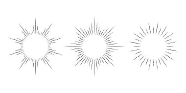 Retro kıvrımlı güneş patlaması çerçeve takımı. Klasik dalgalı güneş ışınları paketi. Çarpık ve eğri daire şeklinde güneş ışınları logo, etiket, rozet ve afişler için elementler tasarlar. Vektör illüstrasyon koleksiyonu