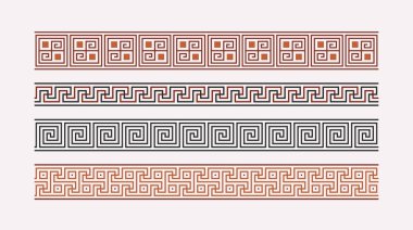 Yunan anahtar süs koleksiyonu. Renkli kıvrımlı desen ayarlandı. Tekrarlanan geometrik ortalama motifi. Yunan perdesi tasarımı. Antik dekoratif sınır. Vektör dekorasyonu