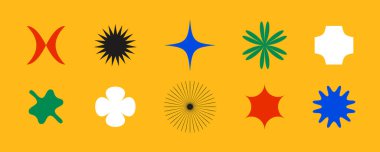 İlkel geometrik şekiller ayarlandı. Renkli soyut yıldızlar ve çiçekler İsviçre ya da Bauhaus tarzında oluşur. Poster, afiş, kolaj için vahşi unsurlar koleksiyonu. Vektör işaretleri. 