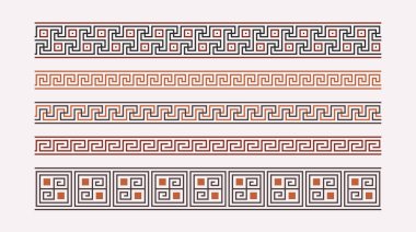 Yunan anahtar süs koleksiyonu. Renkli kıvrımlı desen ayarlandı. Tekrarlanan geometrik ortalama motifi. Yunan perdesi tasarımı. Antik dekoratif sınır. Vektör dekorasyonu