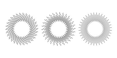 Retro güneş patlaması çerçeveleri ayarlandı. Klasik güneş ışınları element koleksiyonu. Radyal ışınlar, güneş ışınları, havai fişekler, amblem patlaması, logo, etiket, pul, bayrak. Vektör tasarım ögeleri 