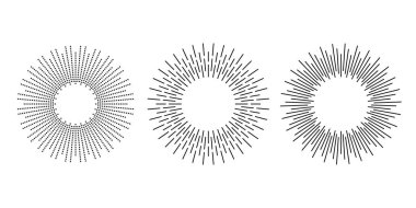 Güneş patlaması çerçeveleri ayarlandı. Retro güneş ışınları element koleksiyonu. Vintage ışınları, güneş ışınları, havai fişekler, amblem patlaması, logo, etiket, pul, bayrak. Vektör tasarım ögeleri 