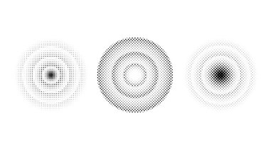 Yarım ton eşmerkezli daireler ayarlandı. Çizgi roman deseni yüzük koleksiyonu. Yuvarlak noktalı gradyan koleksiyonu. Radyal tasarım elemanları. Epicentre, hedef, radar konsepti. Soyut arkaplan. Vektör