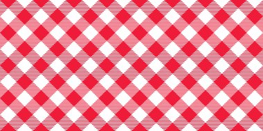 Kusursuz köşegen kumaş deseni. Kırmızı ve beyaz eğimli kafes arka planı. Duvar kağıdını tekrar eden tüvit ekose kumaşa baktım. Kumaş dokusu tasarımı. Vektör 