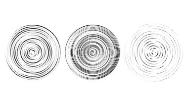 Ortak merkezli yarım ton daireler ayarlandı. Noktalı ses dalgası halkaları koleksiyonu. Epicentre, hedef, radar ikonu konsepti. Radyal sinyal, titreşim ya da su elementleri. Vektör 