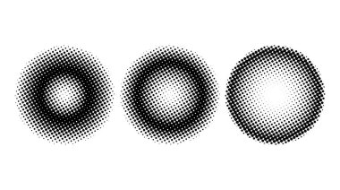 Yarım tonluk küreler ayarlandı. Noktalı küreler. Çizgi roman çemberleri. Yuvarlak gradyan koleksiyonu. Radyal tasarım elemanları. Sivri uçlu soluk şekiller. Soyut tek renkli arkaplan. Vektör