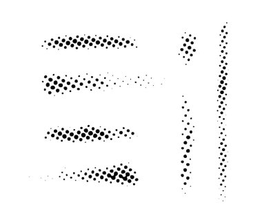 Grunge yarım ton vuruşları hazır. Siyah çizgi roman sanat çizgileri koleksiyonu. Yarı renkte lekeler, lekeler ve lekeler. Tek renkli noktalı tasarım elementi. Vektör 