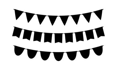 Siyah kiraz kuşu silueti seti. Tatil bayrağı koleksiyonu. Siyah flama zinciri. Parti ve kutlama için bayraklar. Vektör illüstrasyonu