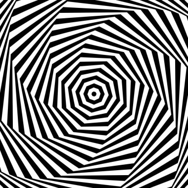 Optik illüzyon arka planı. Siyah ve beyaz soyut geometrik yüzey. Poster tasarımı. Torsiyon illüzyon duvar kağıdı. Vektör illüstrasyonu
