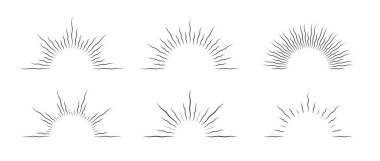 Yarım yamalak güneş patlaması çerçeve takımı. Klasik gündoğumu ve günbatımı koleksiyonu. Çarpık yarım daire güneş ışığı paketi. Logo, etiket, rozet, pankart ve simge için güneş ışınları tasarım elementi. Vektör paketi