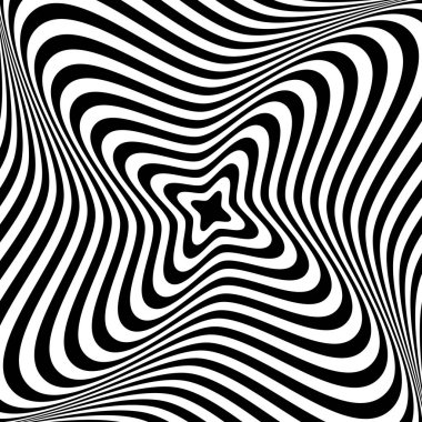 Optik illüzyon arka planı. Siyah ve beyaz soyutlanmış çizgiler yüzeye çıkıyor. Poster tasarımı. Radyal bükülme sarmal yanılsama duvar kağıdı. Vektör illüstrasyonu