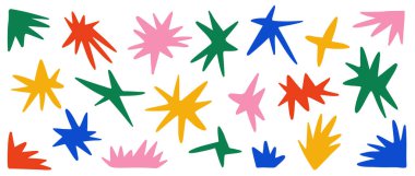 El çizimi kıvılcımlar ve parıltılar koleksiyonu. Soyut karalama ışıltısı ve yıldız şekilleri. Kolaj, poster ve çıkartmalar için harika karikatür unsurları. Vektör illüstrasyonu