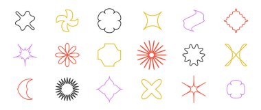 Özet yıldızlar, çiçekler, dalgalar, haçlar. İsviçre, Bauhaus ya da Memphis tarzında ilkel geometrik form koleksiyonu. Poster, afiş, kolaj için elementler. Vektör işareti paketi