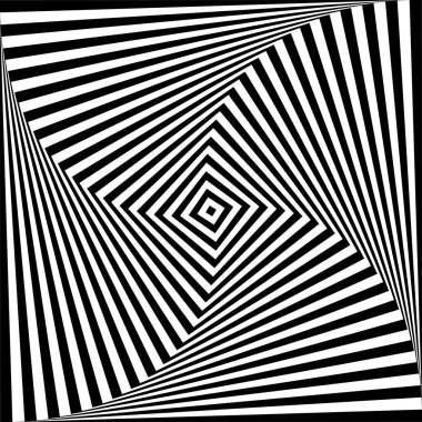 Optik illüzyon arka planı. Siyah ve beyaz soyut geometrik yüzey. Op sanat afişi tasarımı. Torsiyon illüzyon duvar kağıdı. Vektör illüstrasyonu