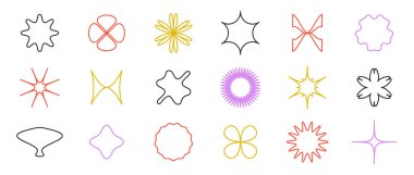 Özet yıldızlar, çiçekler, haçlar, şekiller. İsviçre, Bauhaus ya da Memphis tarzında ilkel geometrik form koleksiyonu. Poster, afiş, kolaj için elementler. Vektör işareti paketi