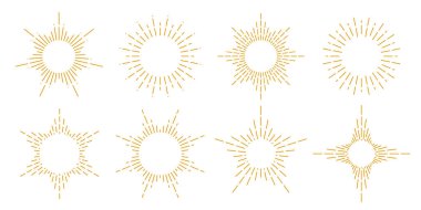 Altın güneş patlaması çerçeveleri ayarlandı. Retro güneş ışınları koleksiyonu. Klasik altın ışınları, güneş ışınları, havai fişek ya da amblem, logo, etiket, pul, pankart, çıkartma için patlama. Vektör tasarım ögeleri paketi