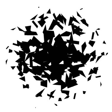 Enkaz ve parçalanmalar radyal biçimde. Siyah kırık parçalar, benekler, benekler ve parçacıklar. Soyut patlama ve patlayan doku öğesi. Vektör illüstrasyonu 