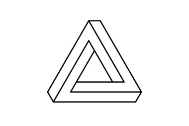 İmkansız üçgen şekli. Optik görsel yanılsama. Üçgen sonsuz döngü sembolü. Soyut, gerçek dışı geometrik form. Logo, simge, etiket, etiket için doğrusal yapboz tasarımı ögesi. Vektör illüstrasyonu