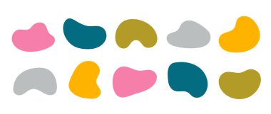 Soyut organik şekiller koleksiyonu. Düzensiz sıvı formları ayarlandı. Parlak amip damlaları, lekeler, damlalar veya lekeler. Etiket, etiket, pankart, etiket, kolaj için farklı tasarım unsurları. Vektör paketi