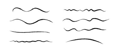 Pürüzlü çizgiler oluşturuldu. Grunge dalgalı fırça darbeleri koleksiyonu. Siyah çizgili kıvrımlı kalem şeritleri. Pankart, pankart ve dekorasyon için elle çizilmiş taklit elementler. Dalgalar. Vektör paketi