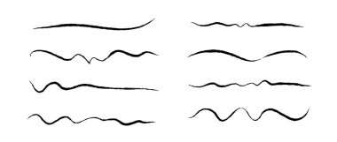 Pürüzlü çizgiler oluşturuldu. Grunge dalgalı fırça darbeleri koleksiyonu. Siyah çizgili kıvrımlı kalem karalamaları. Pankart, pankart ve dekorasyon için elle çizilmiş taklit elementler. Dalgalar. Vektör paketi