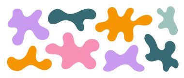 Soyut organik şekiller koleksiyonu. Düzensiz sıvı formları ayarlandı. Kıvrımlı amip kabarcıkları, lekeler, damlalar veya lekeler. Etiket, etiket, pankart, etiket, kolaj için farklı tasarım unsurları. Vektör paketi