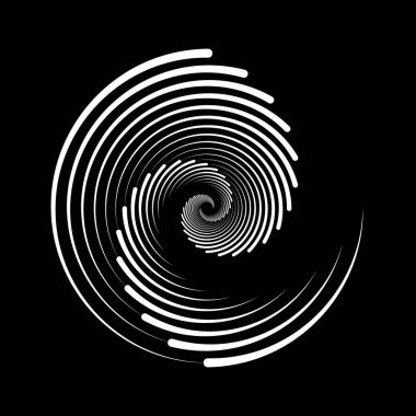 Spiral çizgi elementi. Radyal kıvrım çizgileri dokusu. Daire şeklinde girdap. Poster, afiş, logo, simge, kolaj, dövme, çıkartma, etiket, amblem için soyut geometrik arkaplan tasarımı. Vektör