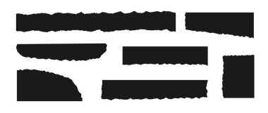 Yırtık, uzun kağıt parçaları. Sivri uçlu ve kenarlı siyah kağıt şeritler. Parçalanmış parça koleksiyonu. Kolaj, metin kutusu, afiş ve çıkartma için desenli grunge element paketi. Vektör