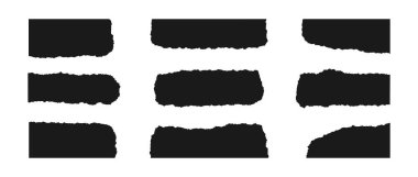 Yırtık kağıt parçaları. Sivri uçlu siyah kesim şekiller. Yırtılmış malzeme köşesi, yan ve merkez elementler koleksiyonu. Kolaj, metin kutusu, afiş ve çıkartma için desenli grunge demeti. Vektör