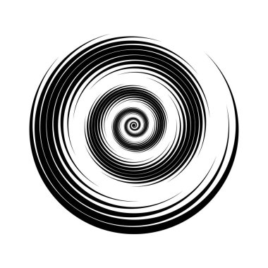 Spiral çizgi elementi. Radyal kıvrım çizgileri dokusu. Siyah daire şeklinde girdap. Poster, afiş, logo, simge, kolaj, etiket, amblem için soyut girdap arka plan tasarımı. Vektör illüstrasyonu