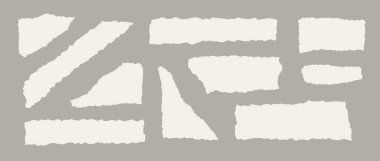 Yırtık kağıt parçaları. Sivri kenarlı bej şekiller. Yırtılmış farklı parçalar koleksiyonu. Kolaj, metin kutusu, afiş, etiket, poster için desenli grunge element paketi. Vektör illüstrasyonu