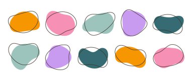 Soyut organik şekiller koleksiyonu. Düzensiz sıvı formları ayarlandı. Sevimli amip damlaları, lekeler, damlalar veya lekeler. Etiket, etiket, pankart, sunum ve el ilanları için renkli tasarım şablonları. Vektör