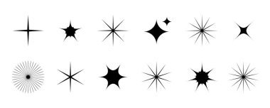 Siyah yıldızlar ve parıltılar belirlendi. Retro mücevher koleksiyonu. Basit bir yıldız patlaması ışık efekti paketi. Şablon, poster, afiş, logo, kart, simge, etiket için tasarım ögeleri. Vektör illüstrasyon paketi