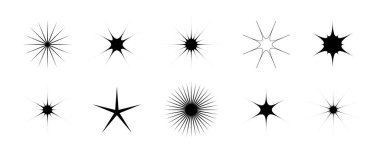 Siyah yıldızlar ve parıltılar belirlendi. Retro mücevher koleksiyonu. Basit bir yıldız patlaması ışık efekti paketi. Poster, afiş, logo, kart, simge, etiket, kolaj için tasarım ögesi şablonu. Vektör paketi