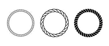 İp çerçeve ayarlandı. Yuvarlak kablo sınır koleksiyonu. Halat çelenk döngüsü çerçevelerini çember yapın. Zincir, örgü ya da örgü örgüsü. Dekorasyon, afiş ve poster için dairesel tasarım unsurları. Vektör illüstrasyonu