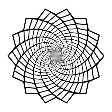 Soyut radyal desen. Dairesel geometrik spiral şekil. Yuvarlak dekoratif çiçek ya da içerik bırakır. Logo, etiket, etiket, amblem, poster ve afiş için siyah tasarım öğesi. Vektör illüstrasyonu