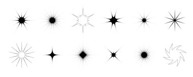 Siyah yıldızlar ve parıltılar belirlendi. Retro göz kırpma koleksiyonu. Basit bir yıldız patlaması ışık efekti paketi. Poster, afiş, logo, kart, simge, etiket, kolaj için tasarım ögesi şablonu. Vektör paketi