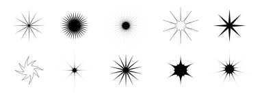 Parıltı ve parıltı ayarlandı. Retro pırlanta yıldız koleksiyonu. Soyut siyah yıldız patlaması efekt paketi. Poster, afiş, kart, simge, etiket, kolaj, broşür için tasarım ögesi şablonu. Vektör paketi