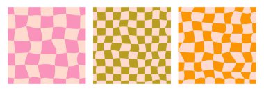 Mükemmel dikişsiz dama tahtası arka plan seti. Tekrarlanan eski dalgalı damalı desen koleksiyonu. Antika psikedelik biçimli gingham duvar kağıtları. 60 'lı yılların 70' li yılların tarzında çarpık bir kafes. Vektör paketi