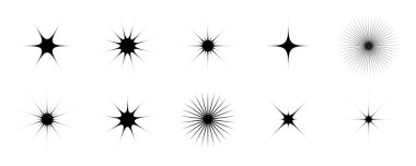 Siyah yıldız ve parıltı şekilleri belirlendi. Retro mücevher koleksiyonu. Soyut y2k yıldız patlaması parlatıcı paketi. Şablon, poster, afiş, logo, kart, simge için tasarım öğeleri. Vektör illüstrasyon paketi