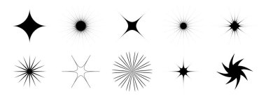 Göz kırpmalar ve parıltılar ayarlandı. Retro pırlanta yıldız koleksiyonu. Soyut siyah yıldız patlaması efekt paketi. Poster, afiş, kart, simge, etiket, kolaj, broşür için tasarım ögesi şablonu. Vektör paketi