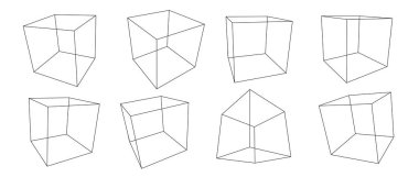 Siyah kablo küp koleksiyonu. Farklı açılarda, perspektifte ve pozisyonlarda özet kübik şekiller. Tasarım şablonu, simge, logo için geometrik kare elementler. Soyut kutular vektör çizimi