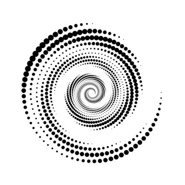 Noktalı spiral çizgiler elemanı. Radyal yarım ton dönme formu. Daire şeklinde girdap şeklinde. Poster, afiş, logo, simge, kolaj, sunum, kitapçık için soyut geometrik arkaplan. Vektör illüstrasyonu