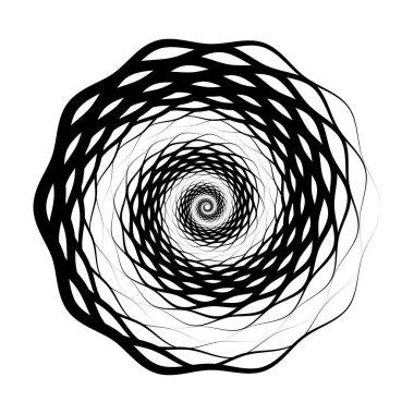 Soyut radyal desen. Dairesel geometrik spiral şekil. Yuvarlak dekoratif kabuk kavramı. Logo, etiket, etiket, amblem, poster, pankart, simge, sunum için siyah tasarım ögesi. Vektör illüstrasyonu