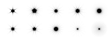 Parıltı ve parıltı ayarlandı. Retro pırlanta yıldız koleksiyonu. Soyut siyah yıldız patlaması efekt paketi. Poster, afiş, kart, simge, etiket, kolaj, broşür, kapak için tasarım ögesi şablonu. Vektör paketi