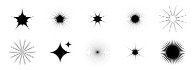 Parıltı ve parıltı ayarlandı. Retro pırlanta yıldız koleksiyonu. Soyut siyah yıldız patlaması efekt paketi. Poster, afiş, kart, simge, etiket, kolaj, broşür için tasarım ögesi şablonu. Vektör paketi