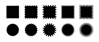 Zig zag kenar kare ve daire şekilleri koleksiyonu. Çentikli yamalar kuruldu. Dekorasyon, afiş, poster, şablon, çıkartma, rozet, kolaj için siyah grafik tasarım unsurları. Vektör illüstrasyonu