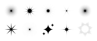 Değişik yıldızlar ve parıltılar belirlendi. Retro göz kırpma koleksiyonu. Soyut siyah yıldız patlaması efekt paketi. Poster, afiş, logo, kart, simge, etiket, kolaj için tasarım ögesi şablonu. Vektör paketi