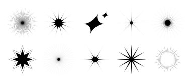 Göz kırpmalar ve parıltılar ayarlandı. Retro yıldız koleksiyonu. Soyut siyah yıldız patlaması efekt paketi. Poster, afiş, logo, kart, simge, etiket, kolaj için tasarım ögesi şablonu. Vektör paketi